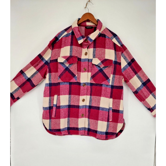 Member's Mark Woman's Pink/Blue Plaid Button Front Shacket Size XXL Pockets 4 - Picture 1 of 8